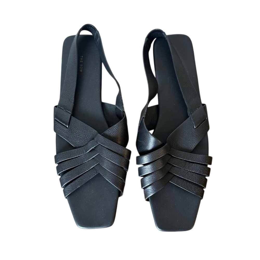 The Row Black Leather Woven Slingback Flat Meera Sandals Square Toe Size 37.5